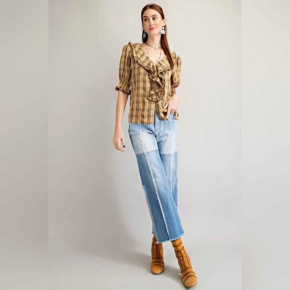 Easel Plaid Ruffle Blouse in Brown and Tan